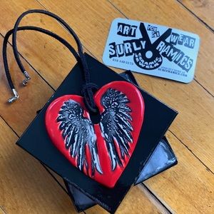 Large Red Heart ❤️with wings ceramic art necklace, goth unique handcrafted ooak